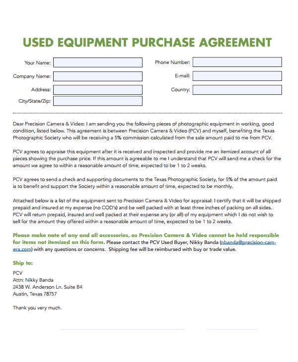 used equipment purchase agreement