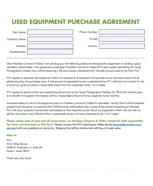 9  Equipment Purchase Agreement Templates PDF Word