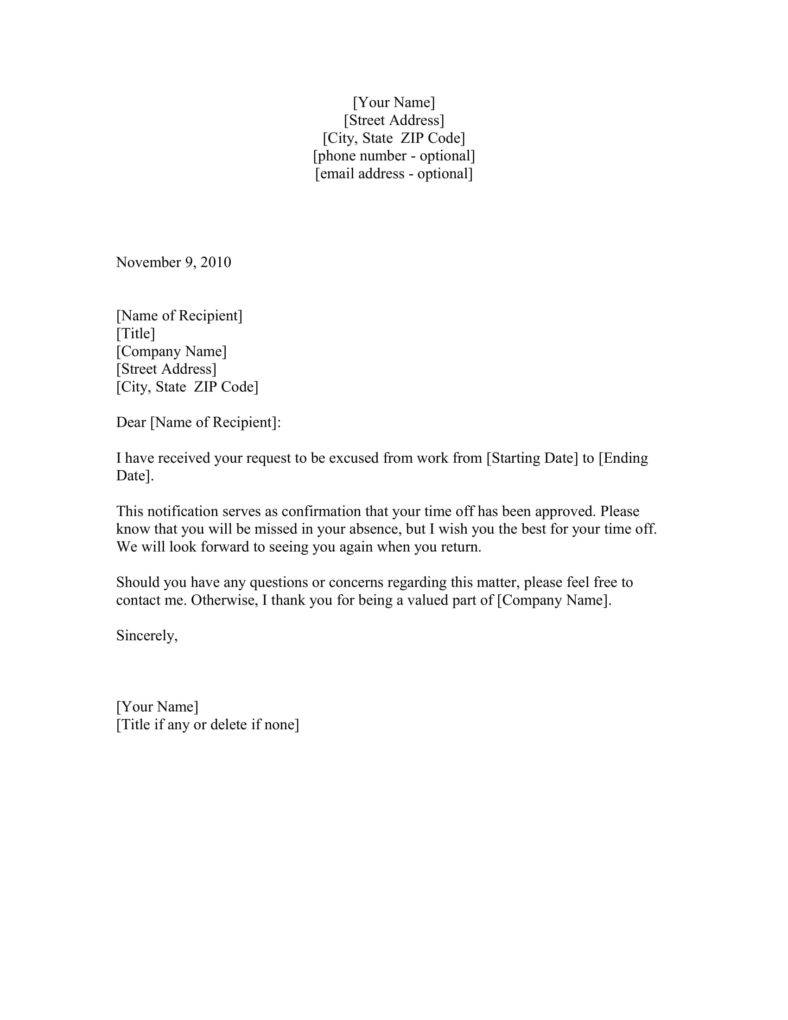 Sample Letter Leave Of Absence Approval - Vacation or ...