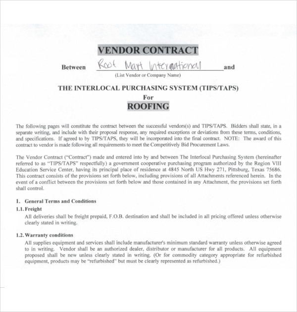 vendor roofing contract template