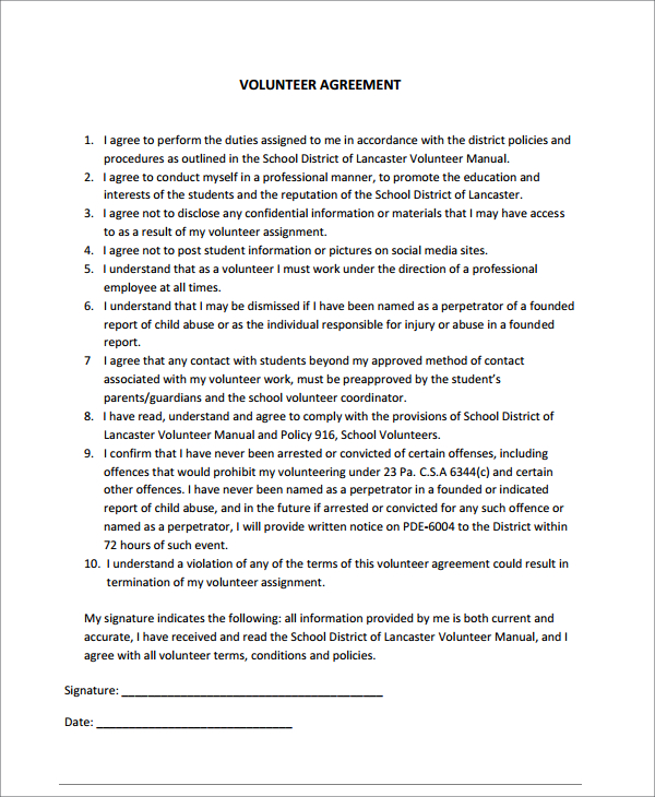 volunteer agreement example