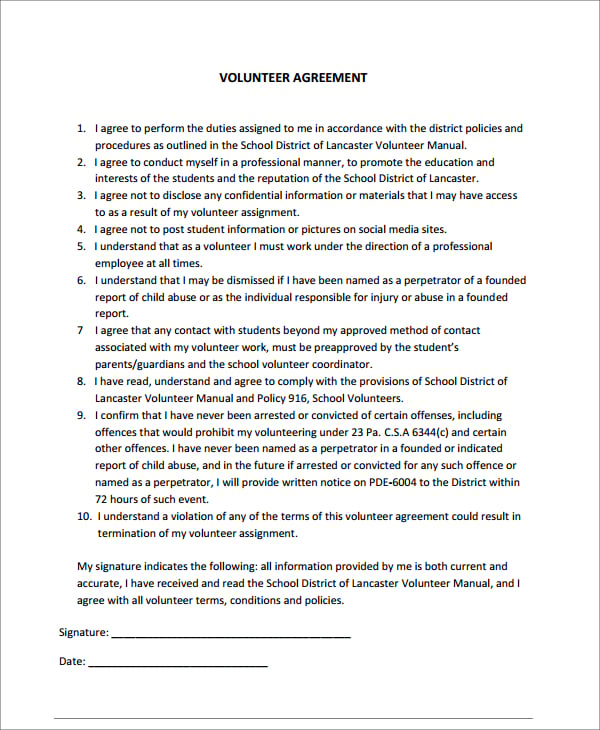 8+ Volunteer Agreement Templates PDF, DOC