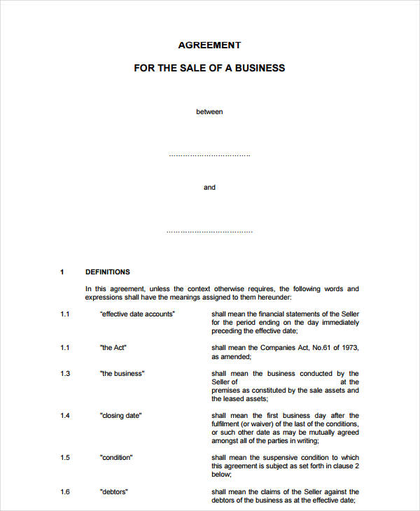 agreement for the sale of a business