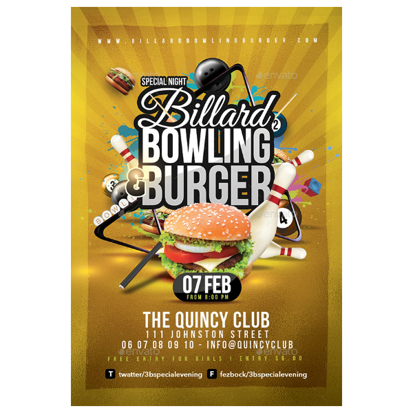 billiard bowling party flyer invitation template