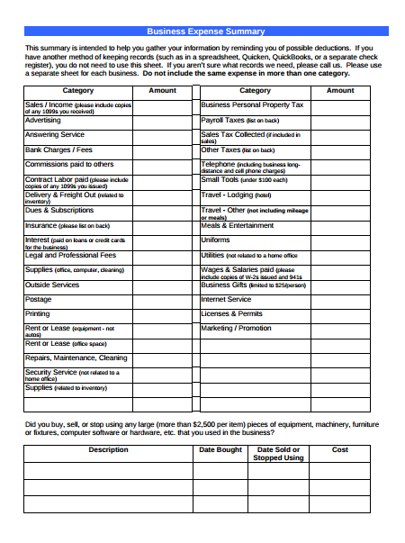 business expense summary