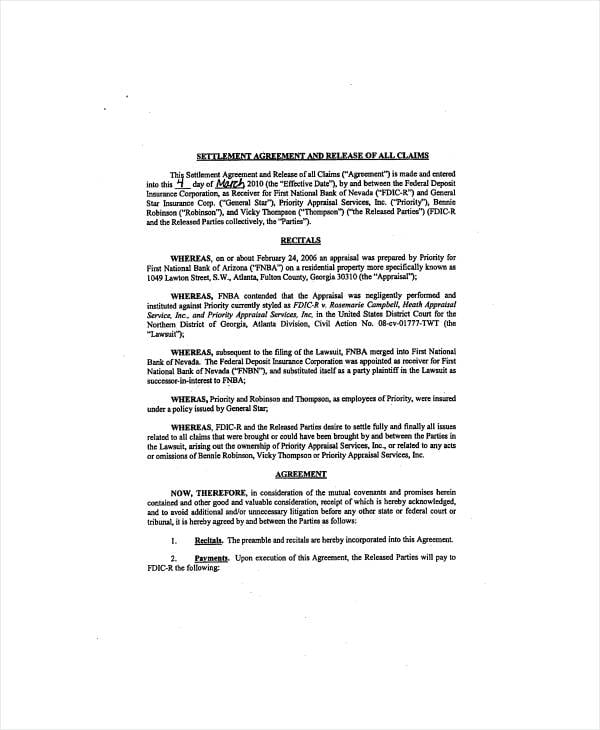 claims settlement agreement example