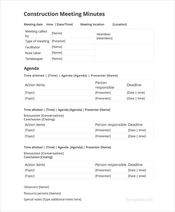 construction meeting minutes template