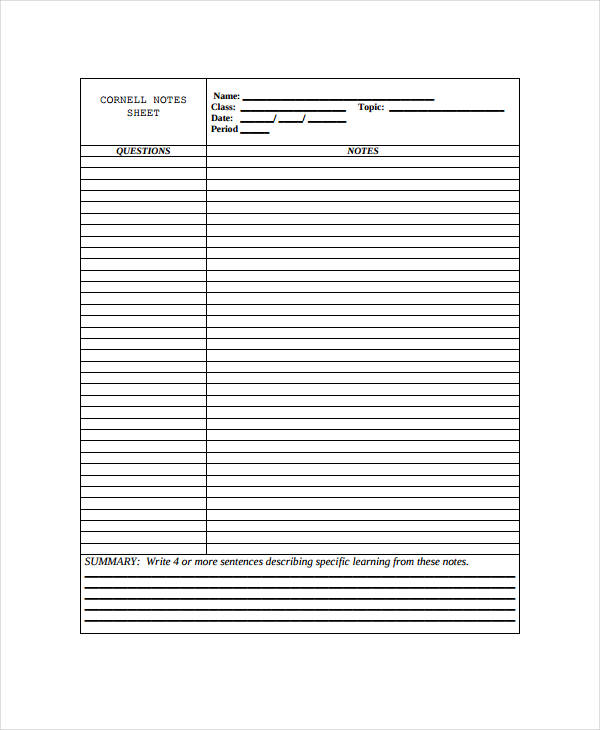 cornell note sheet sample