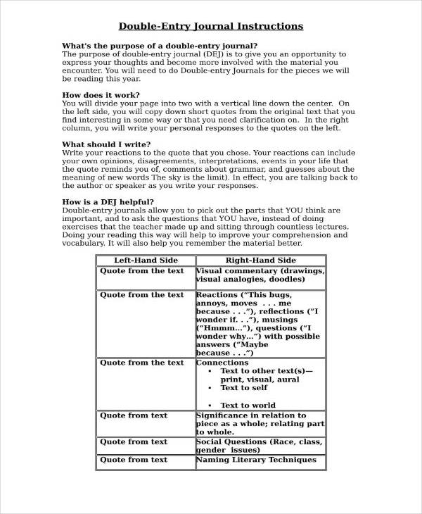 double entry journal instruction template