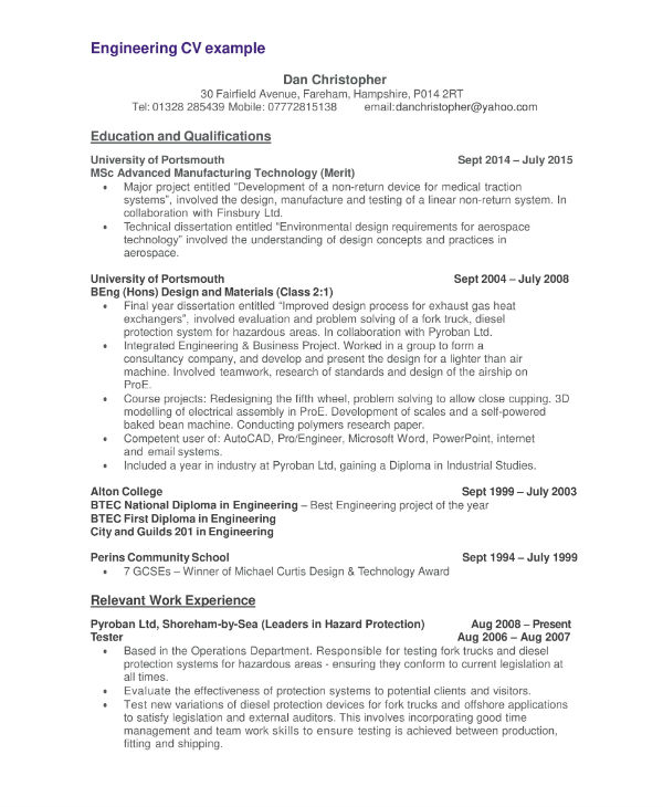 engineering cv sample