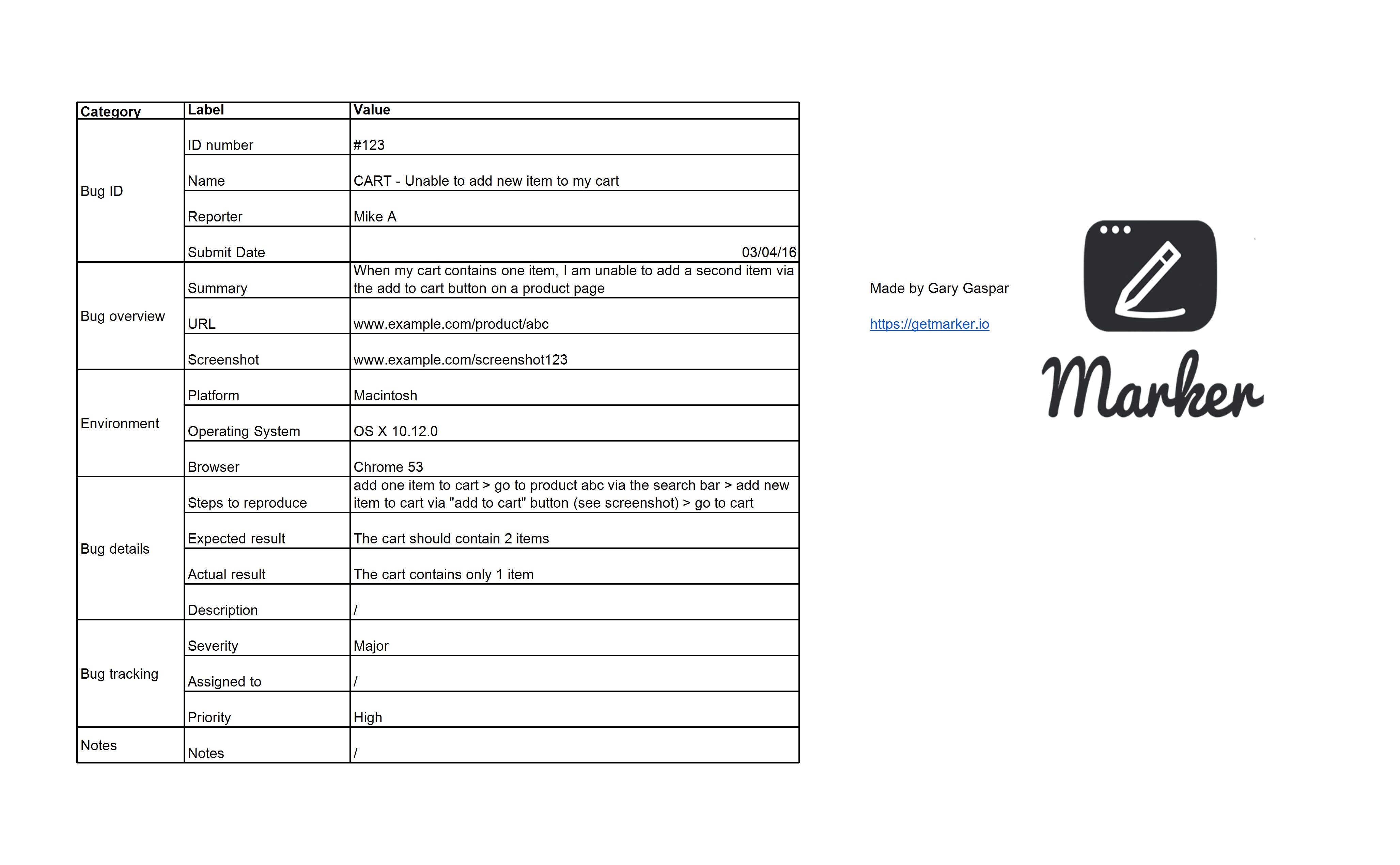 excel bug report template