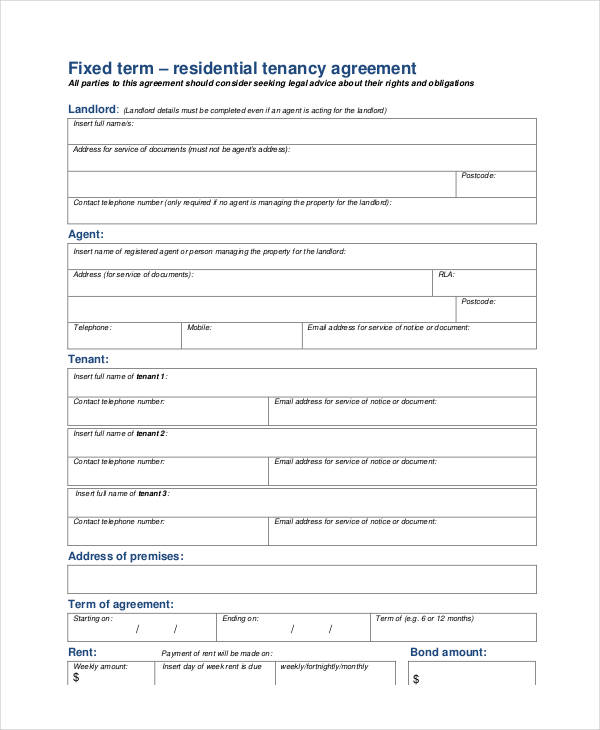 fixed term residential tenancy agreement