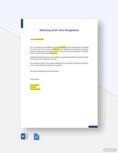 free relieving letter after resignation template