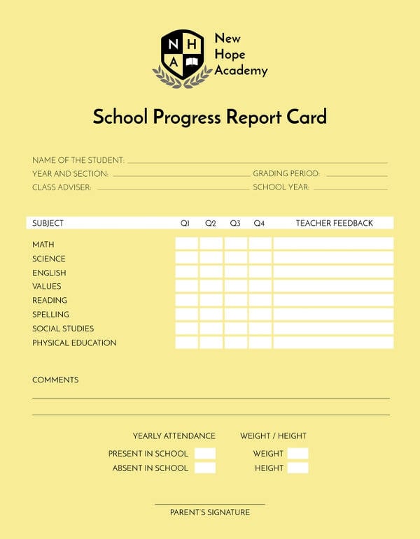 free-school-progress-report-card-template