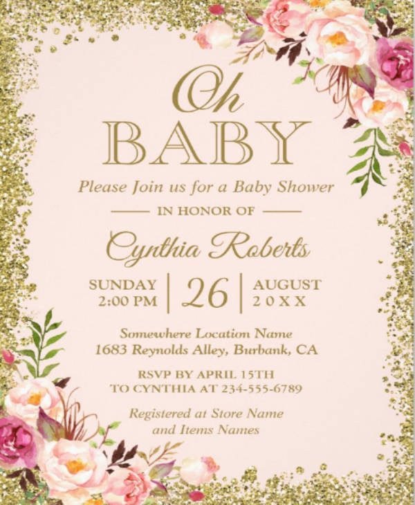 glitter floral baby shower invitation card