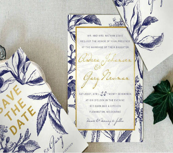 gold navy wedding invitation template set