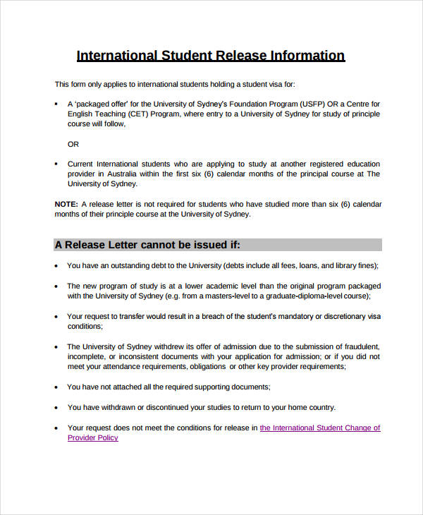 international student release letter