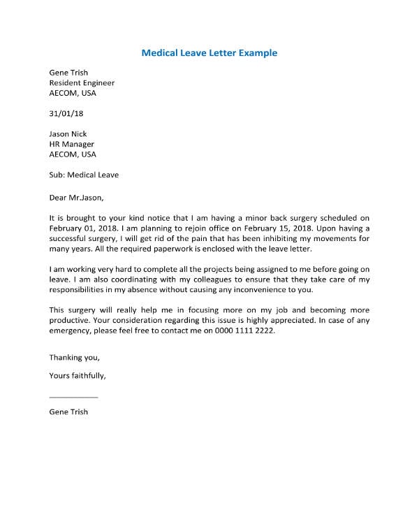 Sample Medical Leave Of Absence Letter From Doctor Collection Letter 