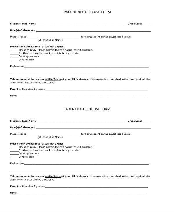 parent note excuse form