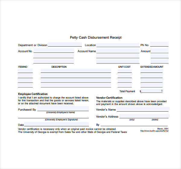 petty cash disbursement receipt template