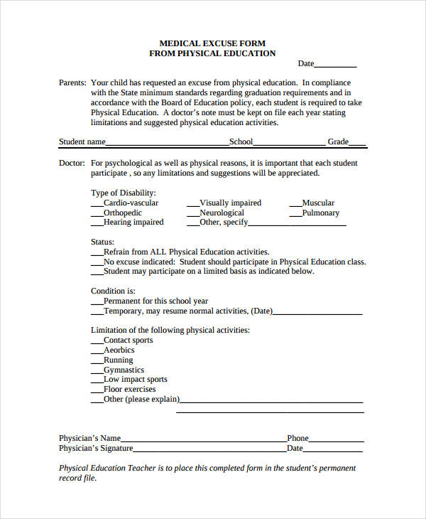physical education medical excuse form