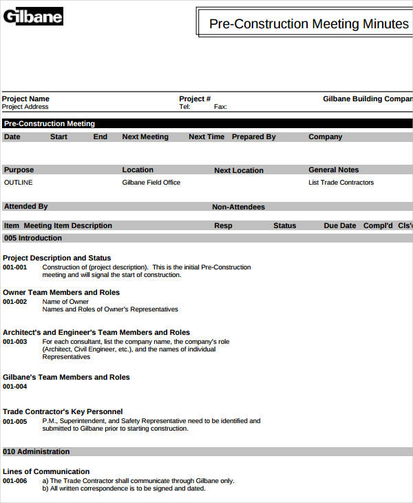 Pre Construction Meeting Agenda Template