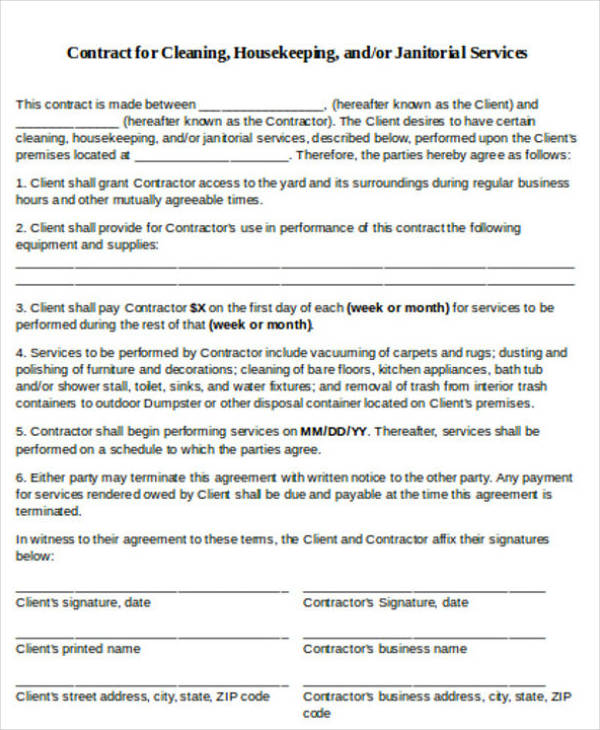 printable cleaning service contract