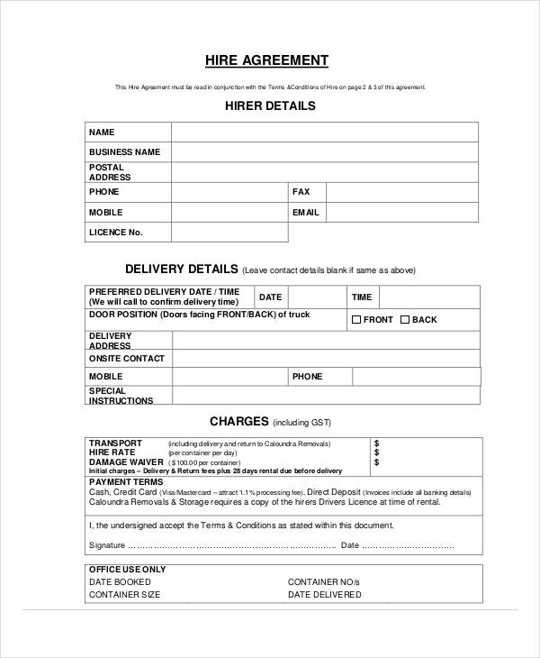 printable hire agreement