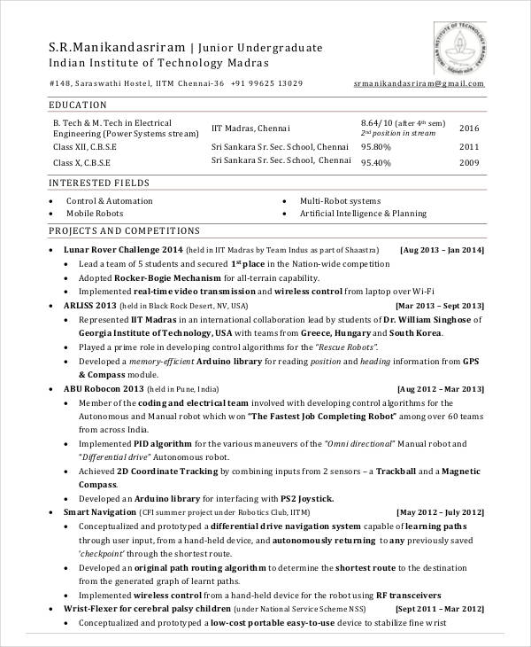 resume for research internship
