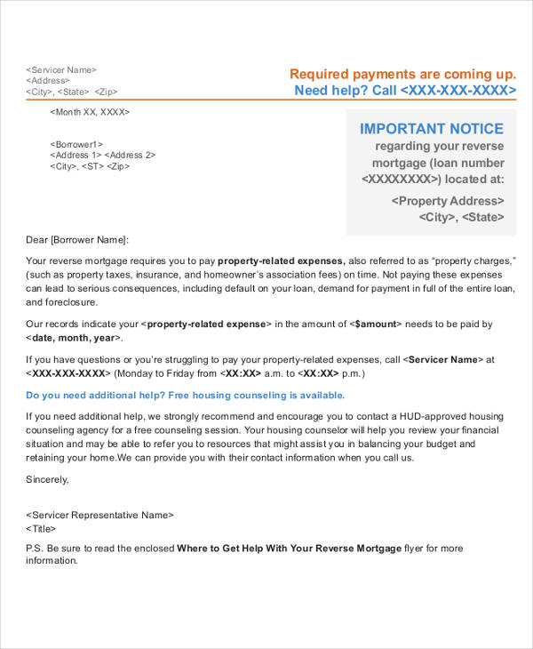 reverse mortgage payment reminder letter