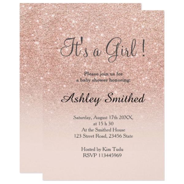 rose gold faux glitter pink ombre girl baby shower card