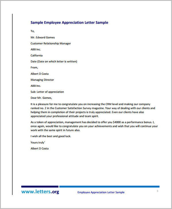 sample employee appreciation letter