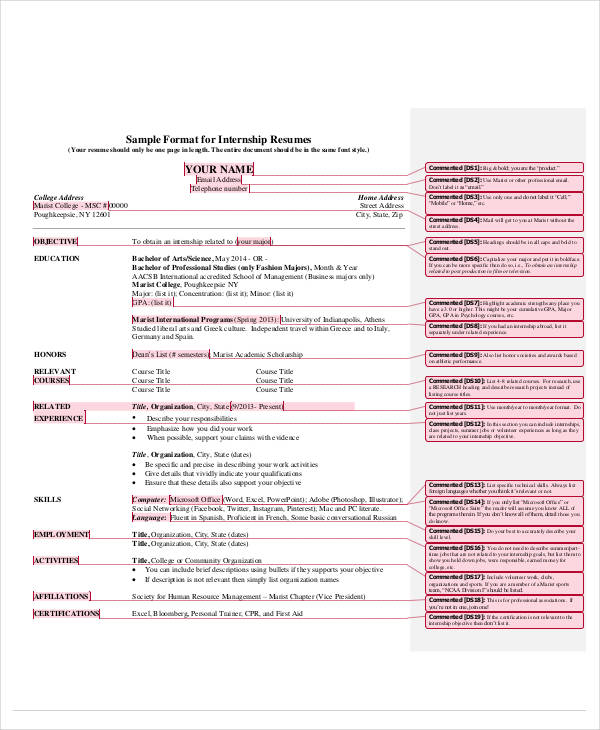 sample format for internship resume