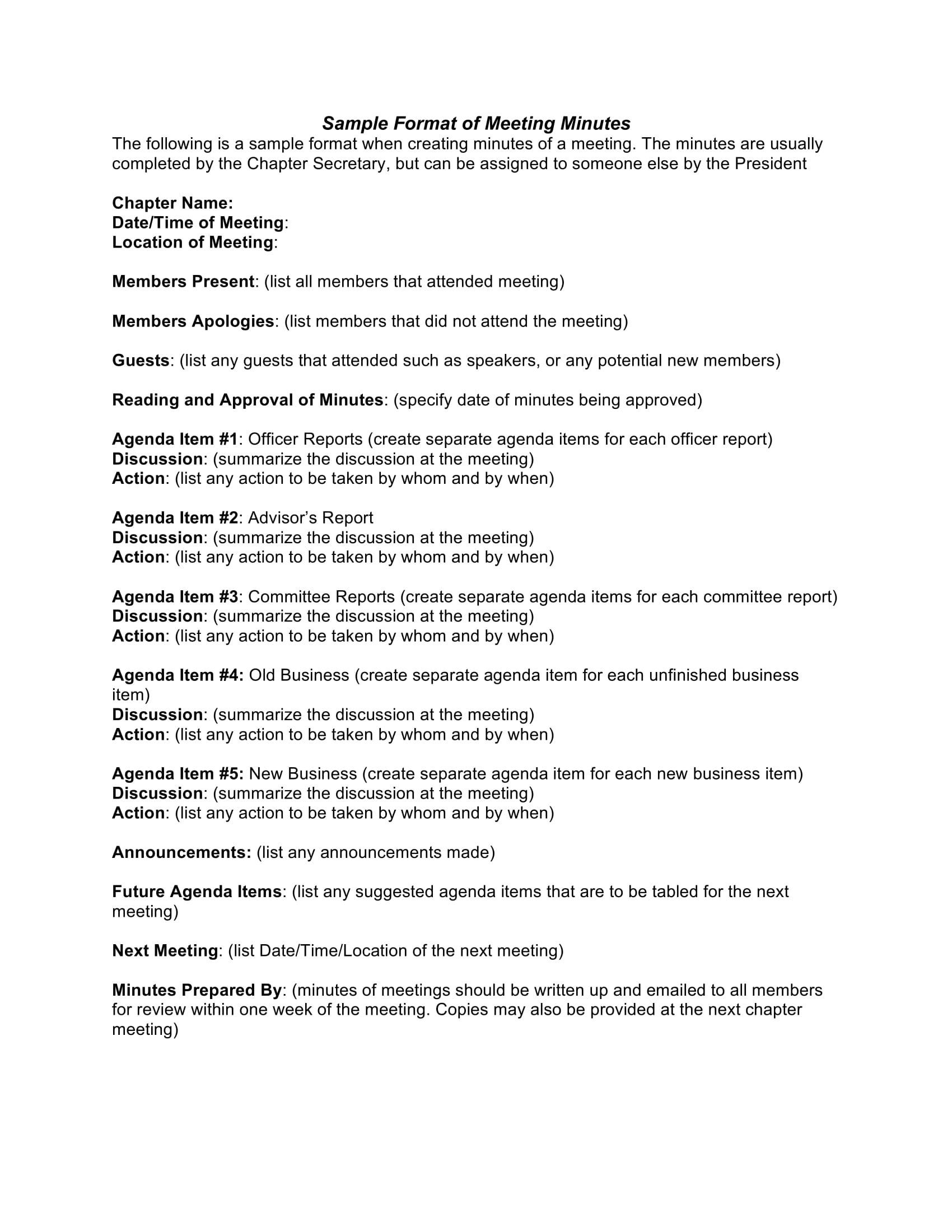 sample format of meeting minutes