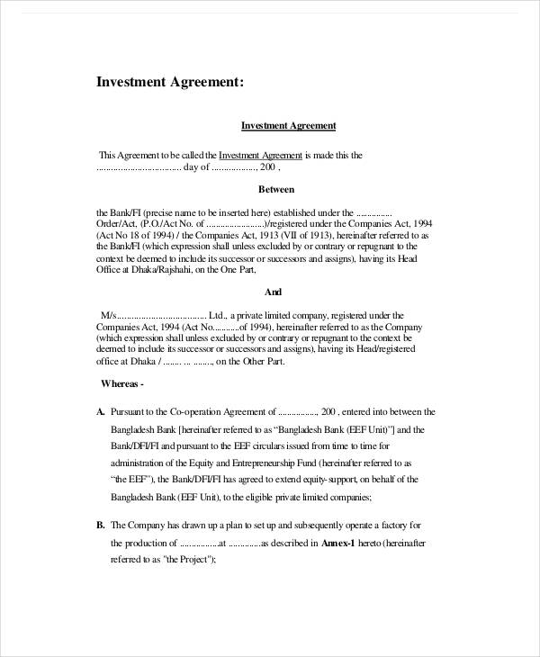 sample investment agreement