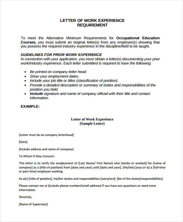sample letter of work experience