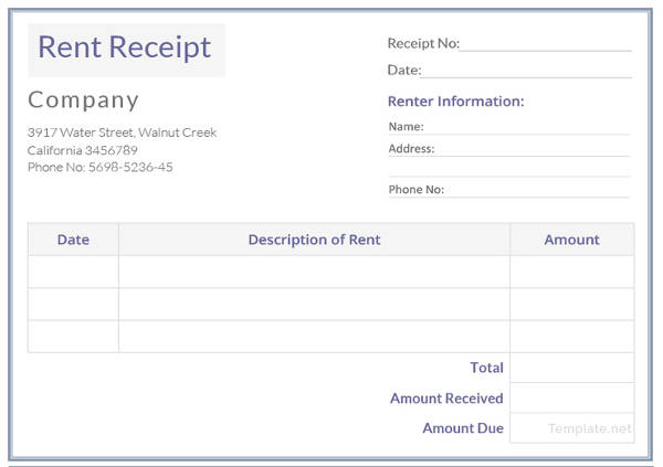 sample rental receipt template
