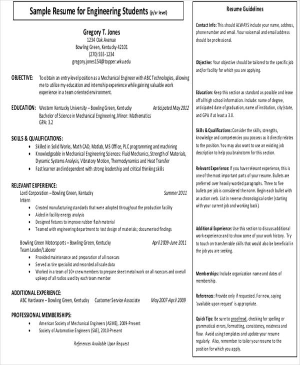 sample resume for engineering students 