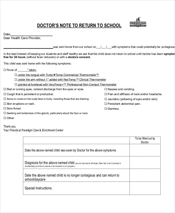 sample student doctor’s note of return to school template