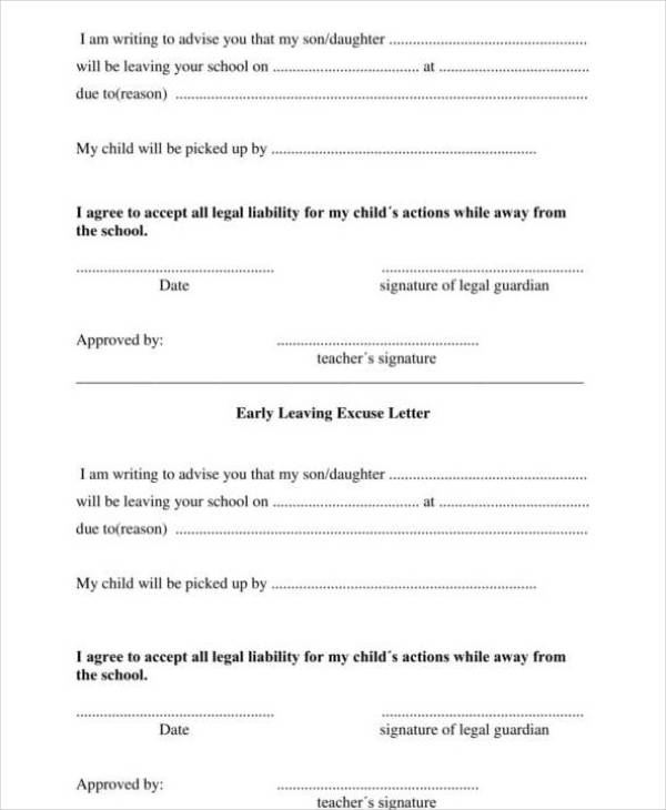 school excuse note template for leaving early
