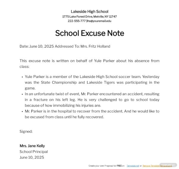 school excuse note template