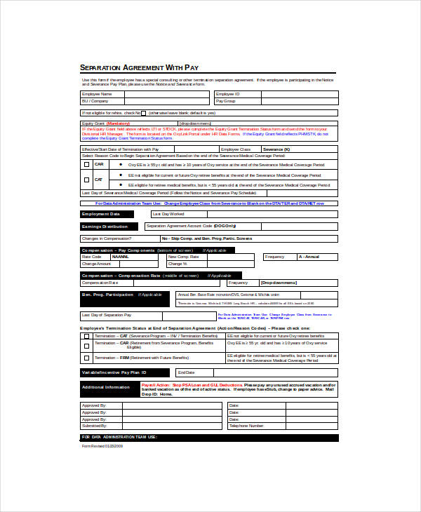 separation agreement with pay
