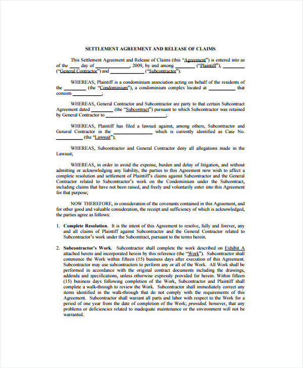 settlement agreement template sample