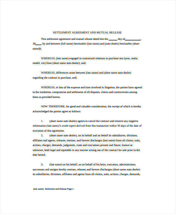 settlement and mutual release agreement sample