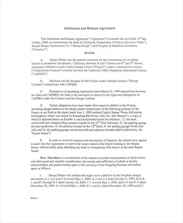 settlement and release agreement format