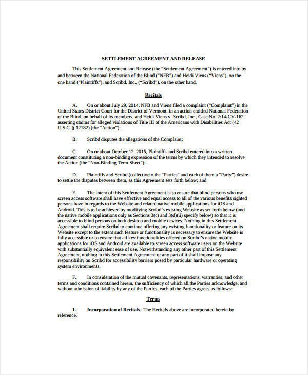 settlement and release agreement template