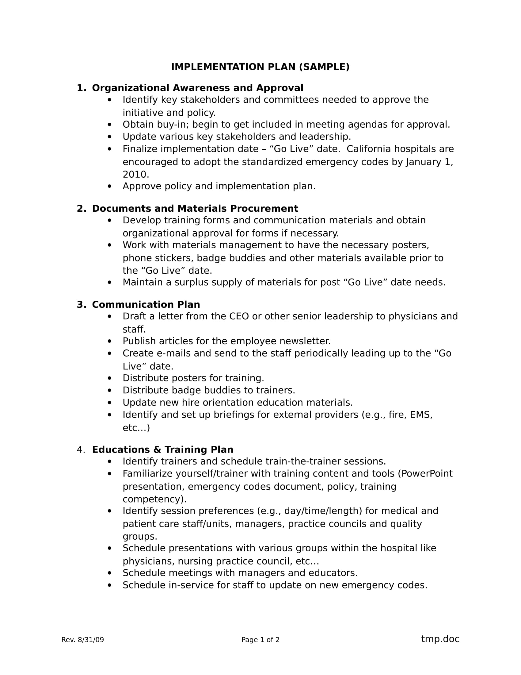 implementation in business plan sample