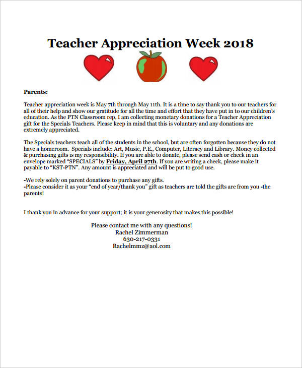 11 Teacher Appreciation Letter Templates PDF DOC