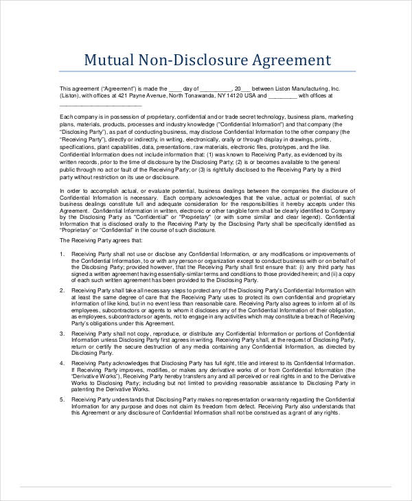 standard mutual non disclosure agreement