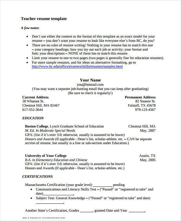 resume model for teacher job pdf